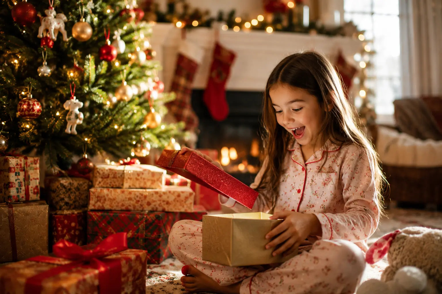 Girl enjoying Christmas morning surrounded by festive gifts and decorations